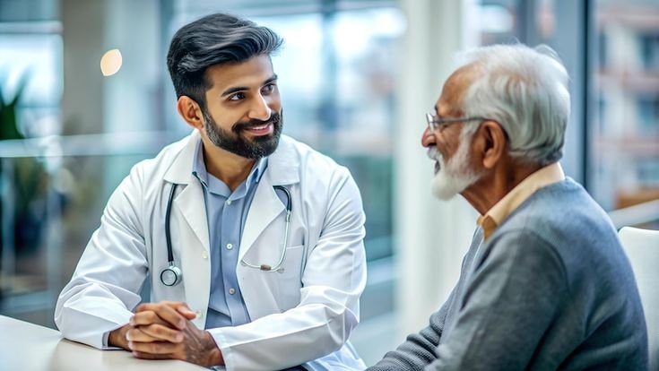 Indian doctor in a white coat advising an elderly patient representing healthcare expertise _ Premium AI-generated image (2)